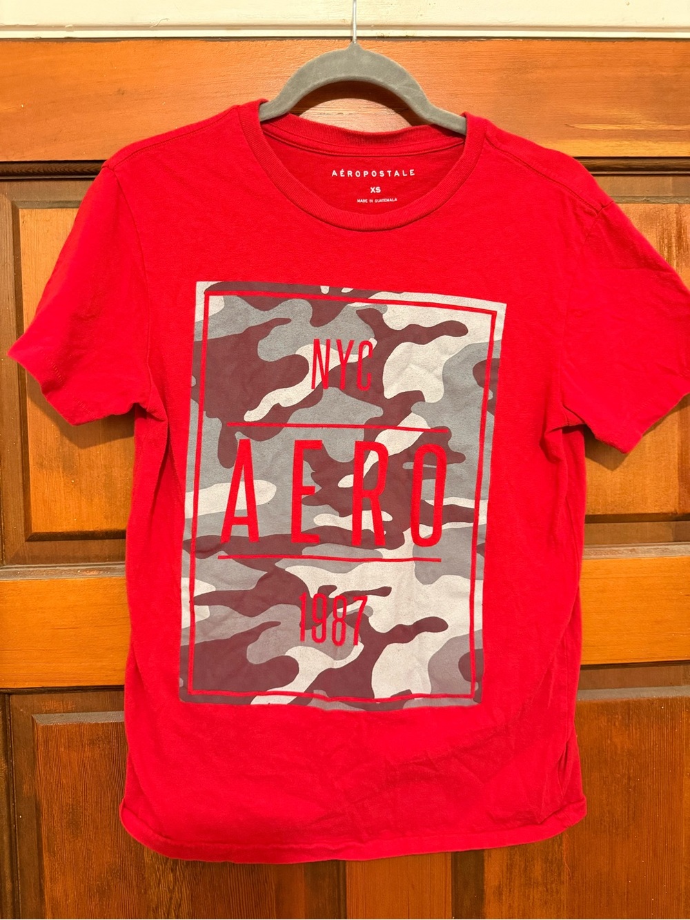 Aeropostale Red Short Sleeve Tee with Gray Camo NYC AERO Graphic